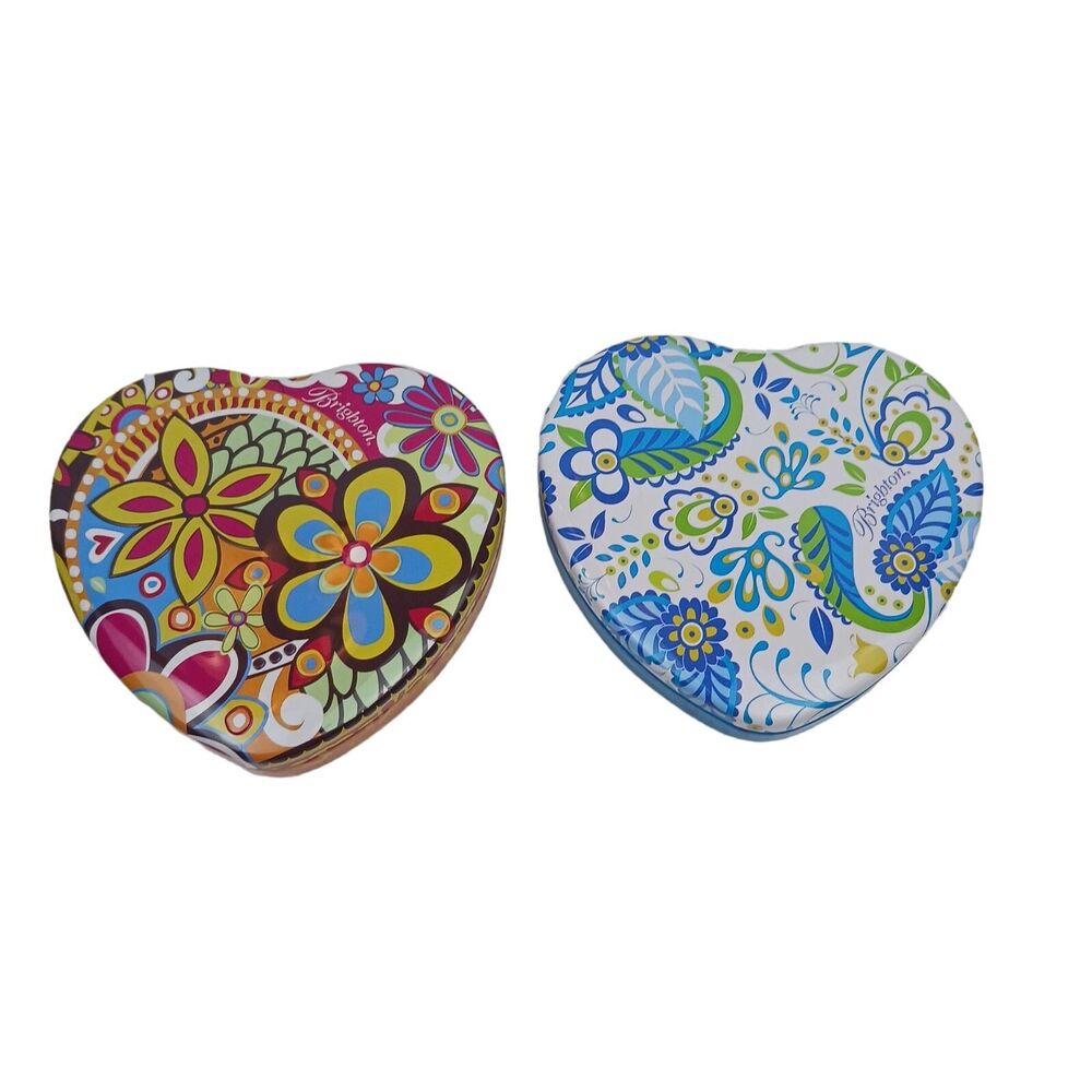 Brighton Heart Shaped Metal Tin Blue Floral EMPTY Case Jewelry Box